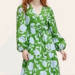 kate spade Green and White Floral Long Sleeve Midi Dress